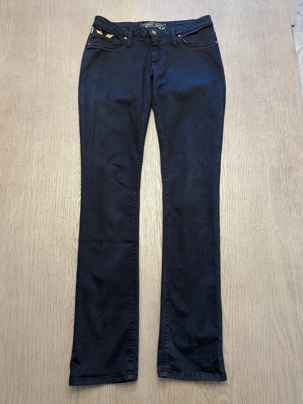 Robin’s Jean Marilyn Black Low Rise Bootcut Jeans 29 Gold Wings Y2K McBling